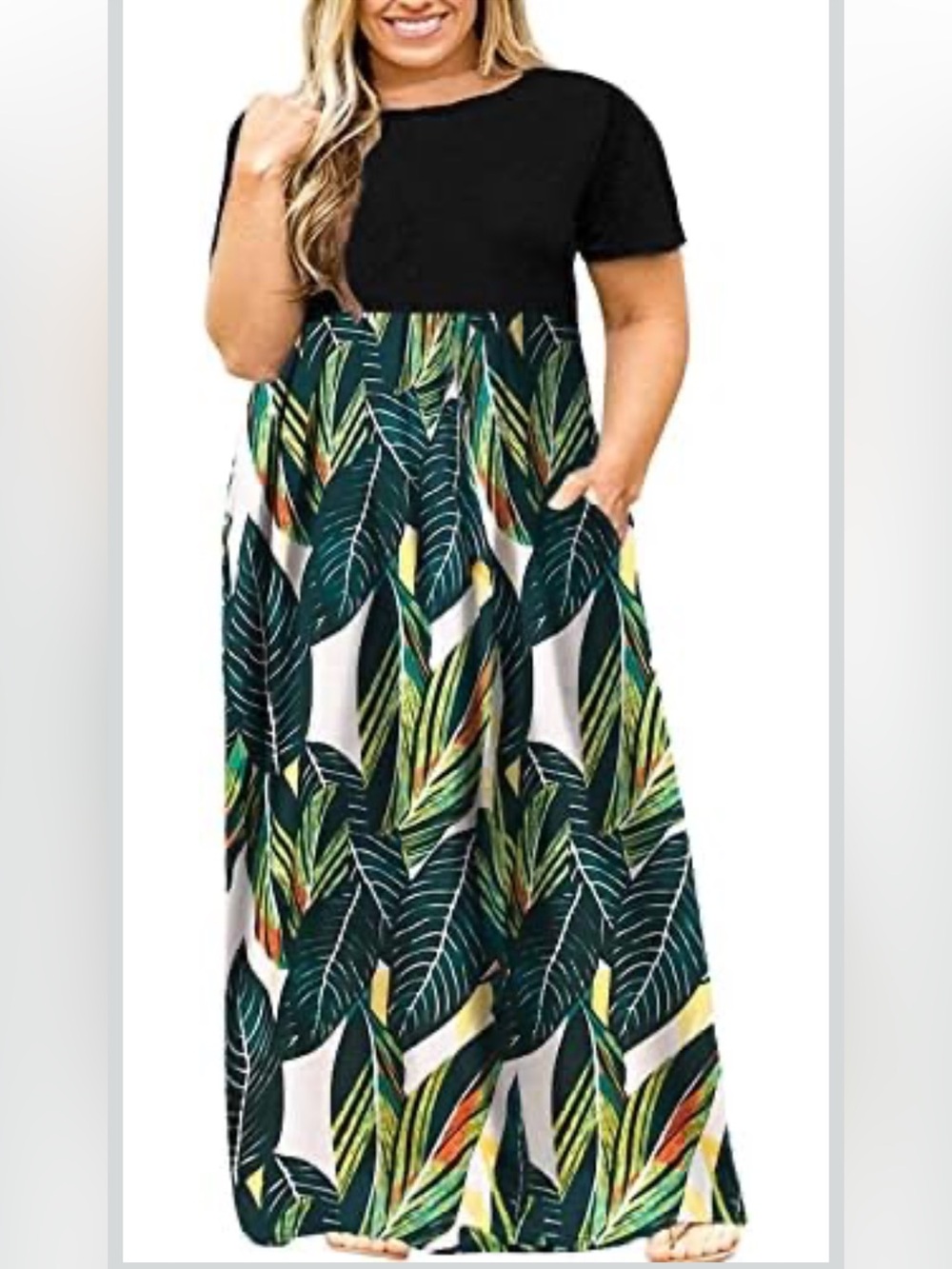 Kancystore Women’s Plus Size 4X Maxi Dress Black Green Palm Print Skirt A-Line